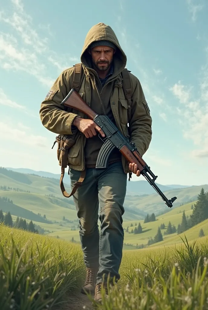 A Man aged 25 wearing hood and having ak47 gun and walking in the fields 