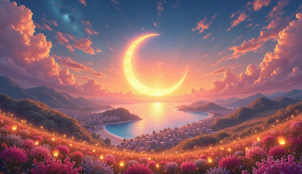 A radiant and joyful scene where a brilliant crescent moon shines vibrantly in the sky, its golden glow shimmering like a celestial lantern. The sky bursts with life, painted in dazzling shades of pink, tangerine, and sapphire, with fluffy, playful clouds ...