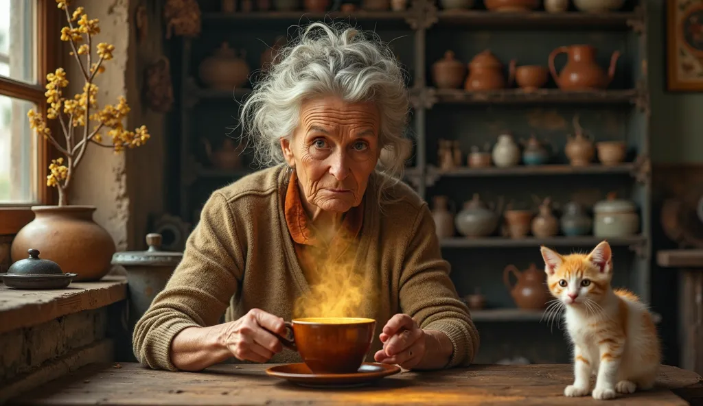 Inside a cozy, rustic kitchen, Grandma stirs a steaming golden tea in an old wooden cup. The liquid inside glows faintly, swirling with traces of magical light. The room is warm, filled with shelves of herbs, dried flowers, and antique pots. Grandma’s expr...