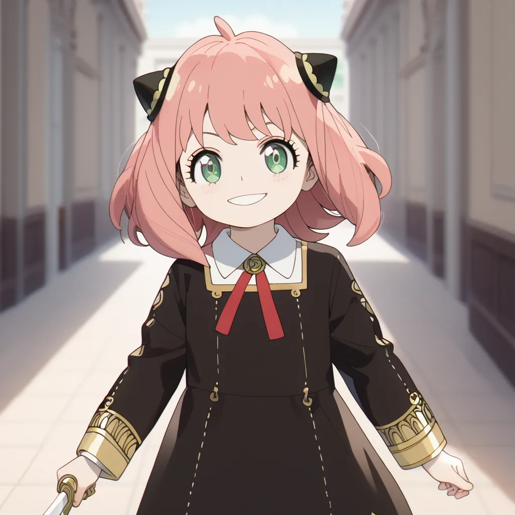 (best quality)), ((masterpiece)),Anya forger, 1girl ,Alone,dress,hairpods,gold trim, red ribbon,smile,black dress,school uniform,collared shirt,eden academy school uniform,hoge,meme,sword、avan strash