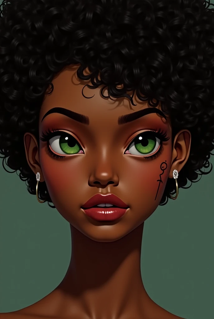 A woman with light brown skin .  21 years old.  abundant Afro hair .  green eyes .  medium lips , flat nose, split chin and a scar on the left eyebrow.