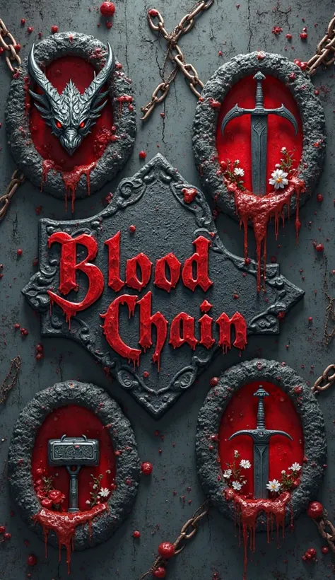 "Create a dark gothic fantasy book cover for 'Blood Chain: The Red Water' with hyper-detailed 3D elements. Use a moody, atmospheric palette of charcoal gray, deep crimson, and matte black.

Title Design:

Bold, dripping crimson text ('Bleeding Cowboys'-sty...