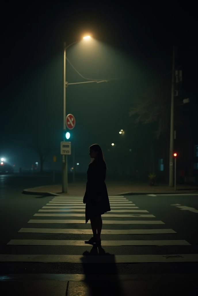 Emily Carter standing alone at a crosswalk at night under a dim streetlight