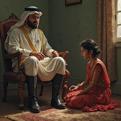 Arab man wearing black leather boots sitting on chair, kerala hindu submissive girl wearing pattupavada Laying on floor and cleaning his boots 