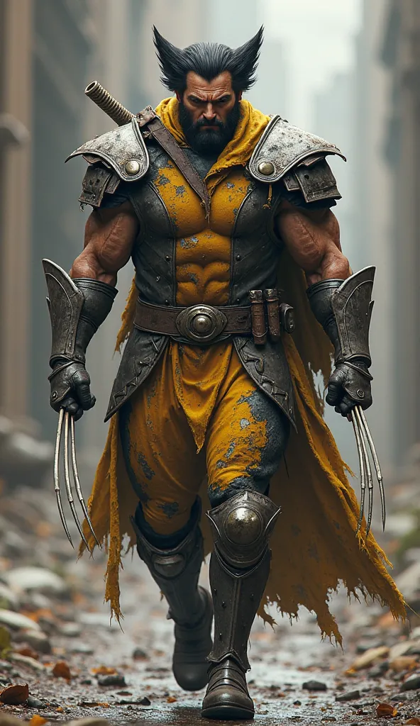 MARVEL's Wolverine wearing medieval armor frayed in the colors of his costume and with his claws walking toward the camera 