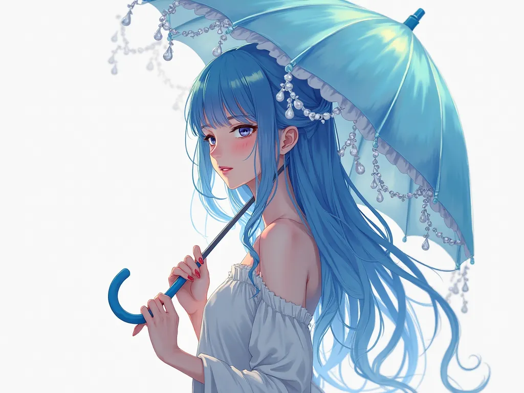 mature woman, 30 years old, anime, 3 d, blue hair, an umbrella in the form of a jellyfish, On a white background, on your phone wallpaper