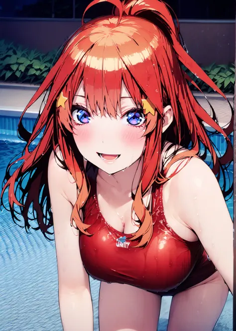 Nakano Mizuki , stupid hair, long hair,  blue eyes, hair ornaments close to the garden, red hair, star (  symbol ), smile,blush,opens her mouth,Big Breasts,Red string bikini swimsuit,Bare legs,Ponytail, wet swimsuit ,Wet Skin,wet hair,night,ナイト pool,綺麗なnig...