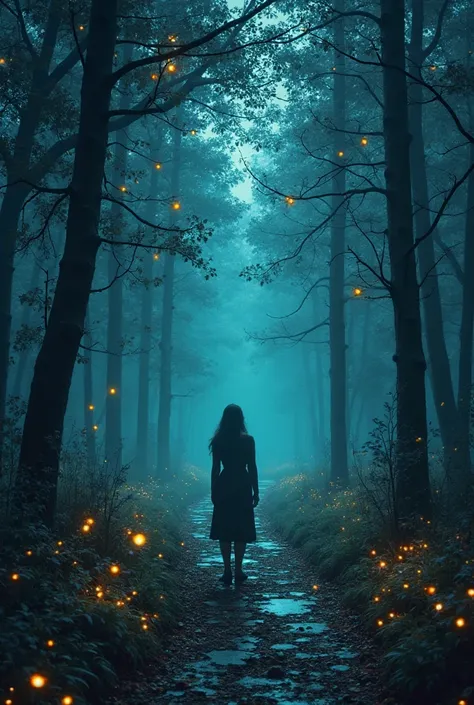 I want to create a cover for the book. It should show a secret, gloomy, Phantezi Forest, a path that leads to a strange place, . It should have trees in the background and not necessarily,but fireflies glow in different colors, for example, red marshgreen ...