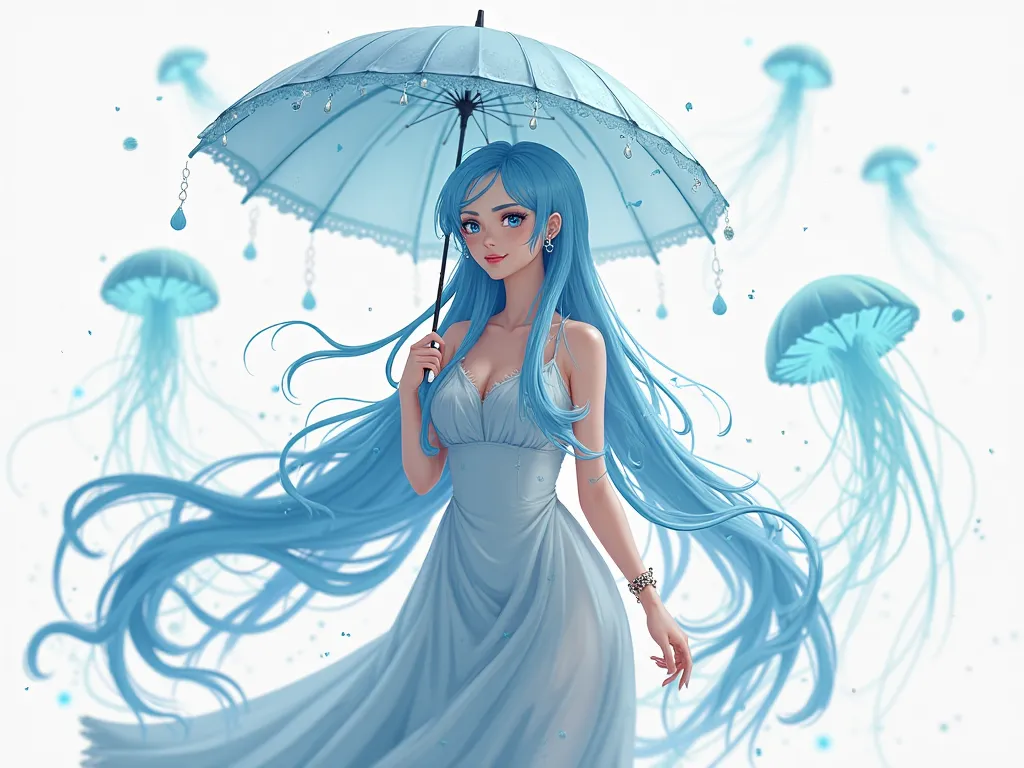 mature woman, 30 years old, anime, 3 d, water-blue hair, jellyfish umbrella, On a white background, on your phone wallpaper, against the background of a jellyfish, long hair