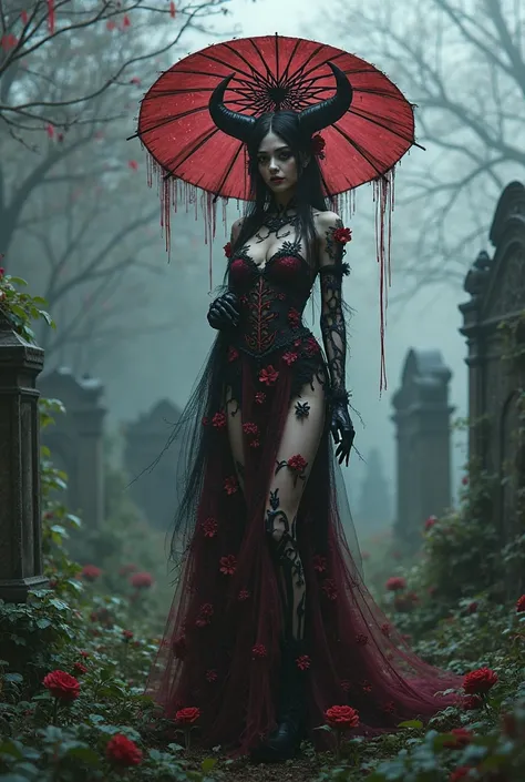 A hauntingly beautiful figure in a dark, misty graveyard, adorned in intricate, chilling red and black attire that merges elements of elegance and horror. The character has striking demonic features, including horns and a sinister smile, while holding a re...