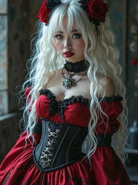  A gothic punk goth girl, perfect face, beautiful Asian woman with long White hair in White curls and coils, very cute and           beautiful girl, (highly detailed beautiful face), high detailed fingers, (Red Gothic Maid dress and black corset with detai...