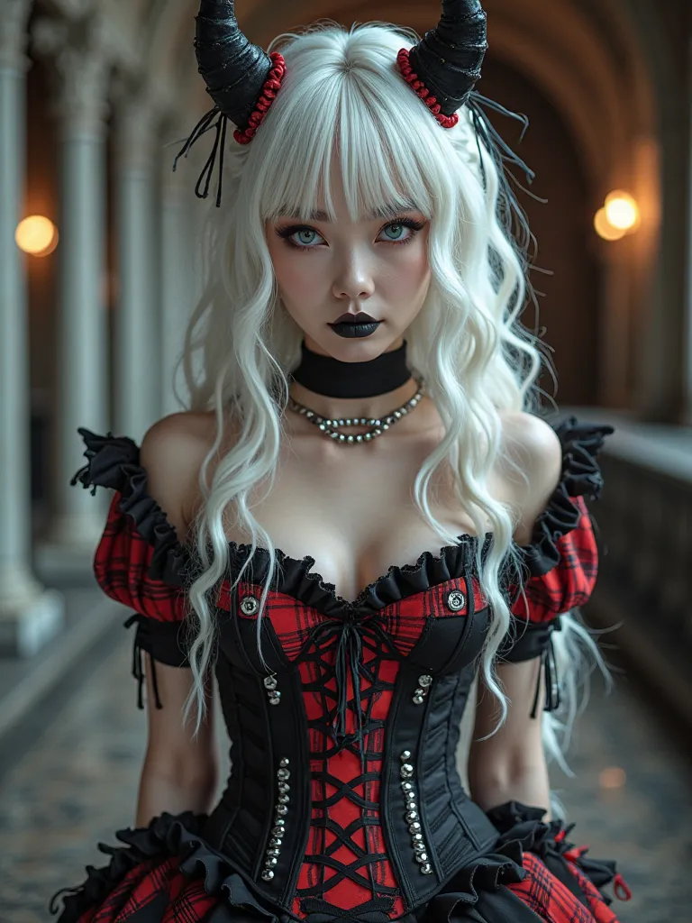  A gothic punk goth girl, perfect face, beautiful Asian woman with long White hair in White curls and coils, very cute and           beautiful girl, (highly detailed beautiful face), high detailed fingers, (Red Gothic Maid dress and black corset with detai...