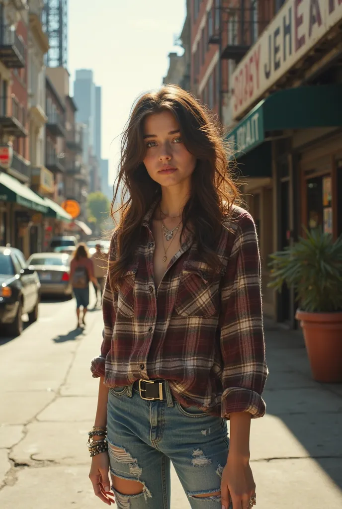 Girl, brunette, 18 years old, caucasian, grunge in the street at day light