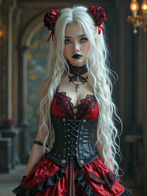  A gothic punk goth girl, perfect face, beautiful Asian woman with long White hair in White curls and coils, very cute and           beautiful girl, (highly detailed beautiful face), high detailed fingers, (Red Gothic Maid dress and black corset with detai...