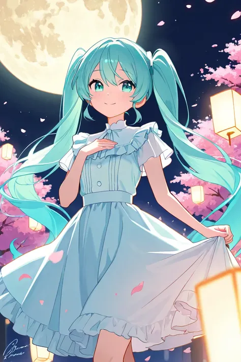 A beautiful anime-style illustration of Hatsune Miku dancing gracefully under a cherry blossom tree at night. She wears a flowing, pastel-colored dress with soft frills, matching her signature twin tails swaying in the wind. Pink petals gently fall around ...