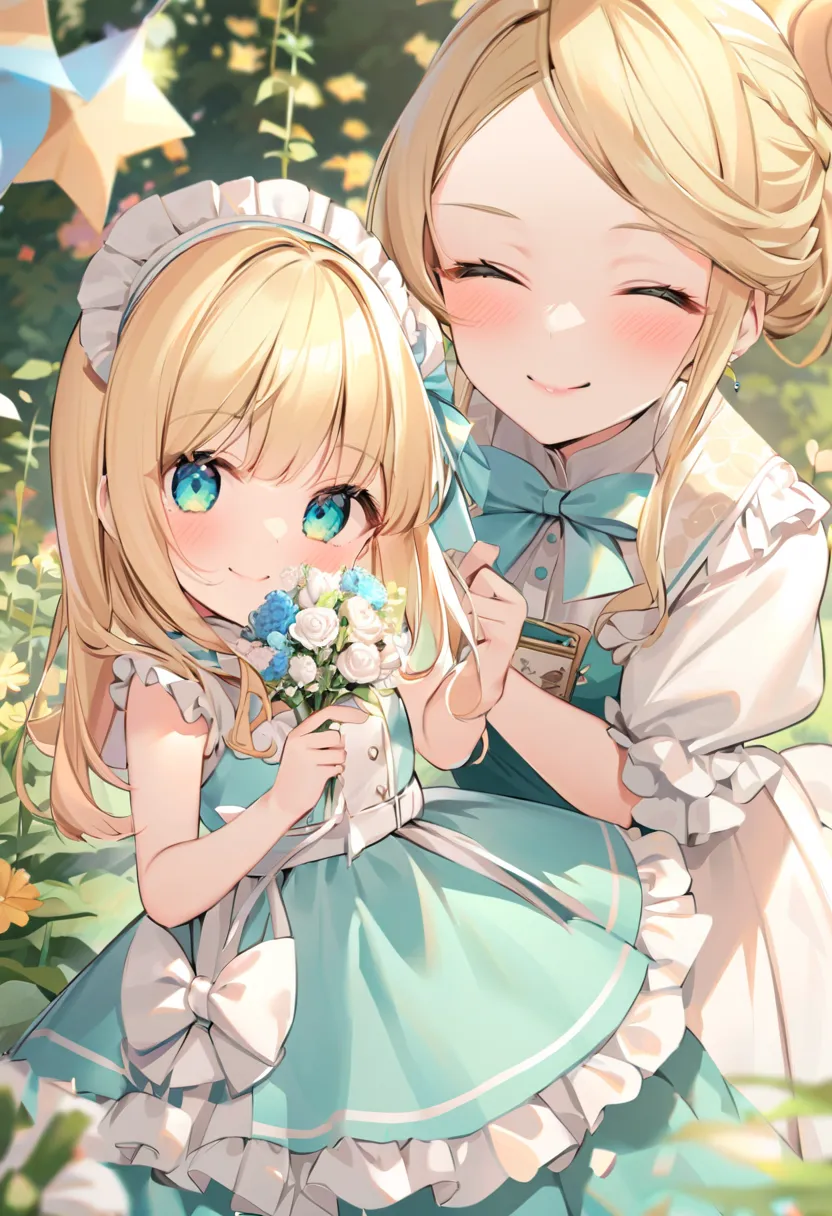 girl,blonde hair,白いカチューシャ、smile,alice dress,flower,frill