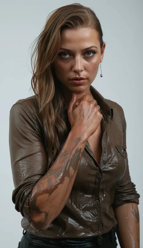 a 40 years old woman, flared jeans, soaked denim shirt, covered in sludge,intensive feelings, expressive wrinkles, strong bags under eyes white background, detailed face, beautiful eyes, sexual tension, high quality, photorealistic, studio lighting, dramat...