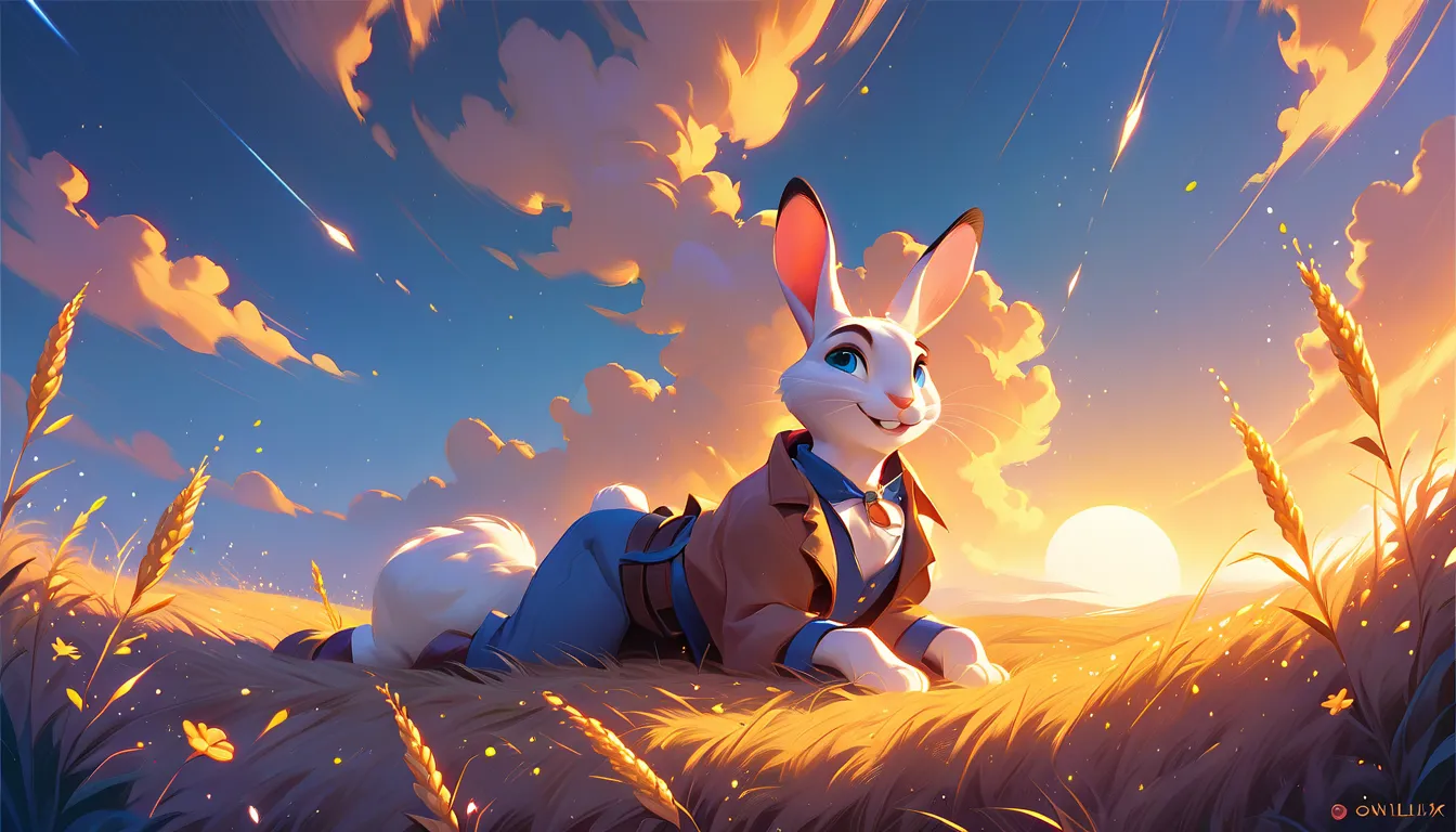 a fantastic white rabbit with blue eyes, with a sweet expression, he is lying on the country wheat field near a farm, while a golden sunset over the flowers hill during a dark thunderstorm