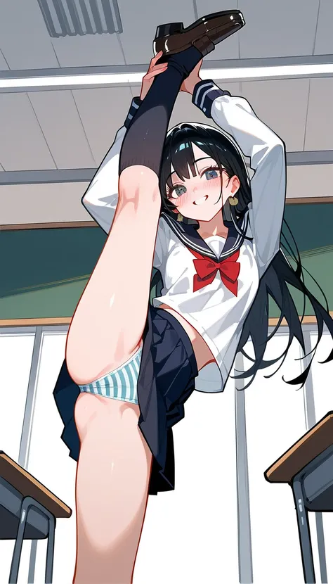 (beautiful girl : 1.3),1 girl,(sailor suit, Long Sleeve,skirt,earrings, striped underwear ,high socks,loafers, pubic hair), black hair,Long Hair,smile, is embarrassing,blush,Standing Split, taken from below,classroom,masterpiece,Highest quality,Ultra High ...