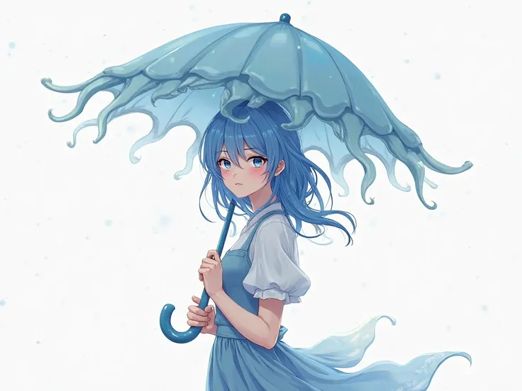 mature woman, 30 years old, anime, 2d, blue hair, an umbrella in the form of a jellyfish, On a white background, on your phone wallpaper, стиль 2d anime