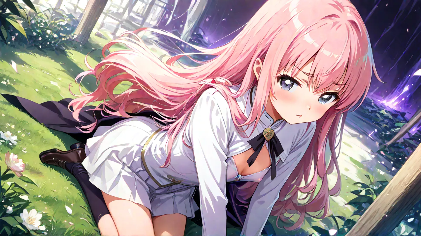 Louise from Zero no Tsukaima has long, wavy, pastel-pink hair that cascades down her back, with bangs framing her face. Her eyes are large, sharp, and deep pink, matching her hair, often reflecting her strong-willed and fiery personality. She has delicate ...