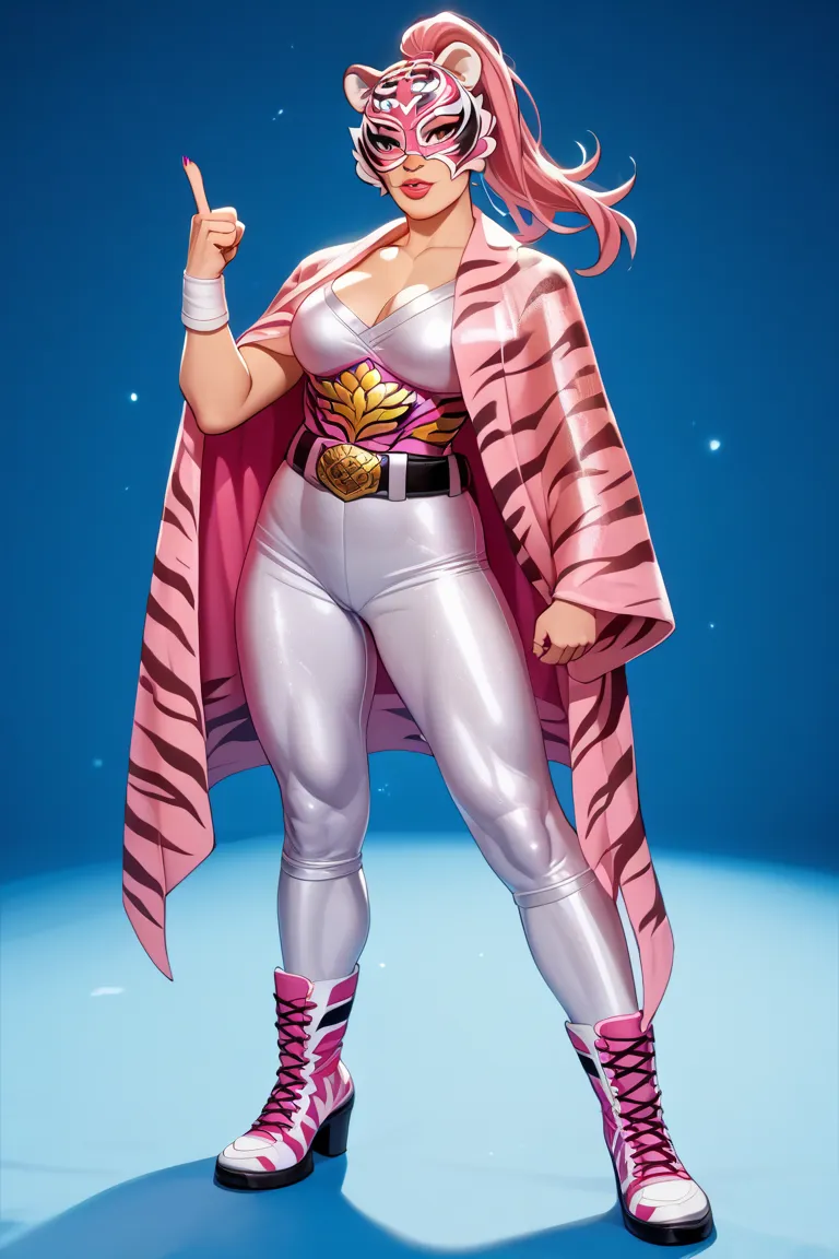 Full body front portrait 、 I'm Jpanese female wrestler,I'm Princess Tiger, a female idol wrestler、I'm the WWE lightweight champion 、The hair style is a ponytail 、The mask is above my nose and my face is visible from my nose down 、The costume is see-through...