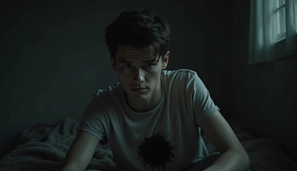 A melancholian-looking young man sitting in a dark and empty room,  with a stray eye . Around you, distorted shadows and a black hole in the chest, symbolizing the inner emptiness. The dim lighting highlights the expression of sadness.  cinematic style, da...