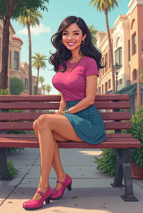 Tip: A very lovely  beautiful Asian American woman being happy alone on a bench in Downtown San Diego in the sun..The illustration is a high definition illustration with 4k resolution., with highly detailed facial features and cartoon style visuals, fuchsi...