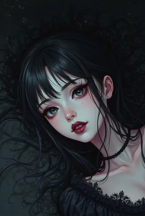 A goth girl lying down in anime