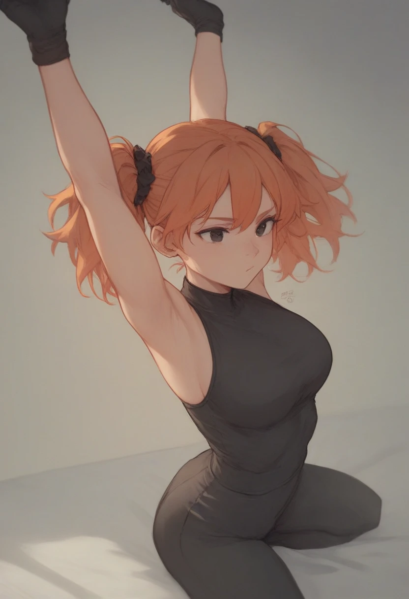 stretching, twintails, ginger hair, short hair, black eyes, large breasts, black gloves, black scrunchie