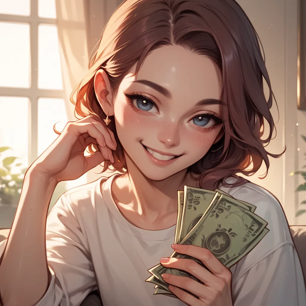 the young girl with having money in her hands, smile,