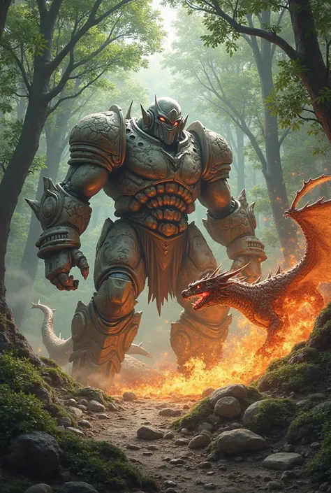 a golem are fighting with a dragon in a big forrest