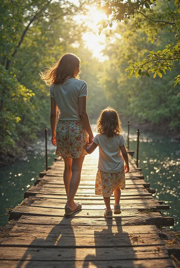 "A small girl and her mother are walking on an old wooden bridge over a deep river. The sun is shining, and a gentle breeze moves their hair. The girl looks down at the water curiously while holding her mother's hand. The bridge appears slightly worn, with...