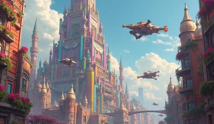 Against the background of a rainbow-colored steampunk building, futuristic steampunk flying cars, day