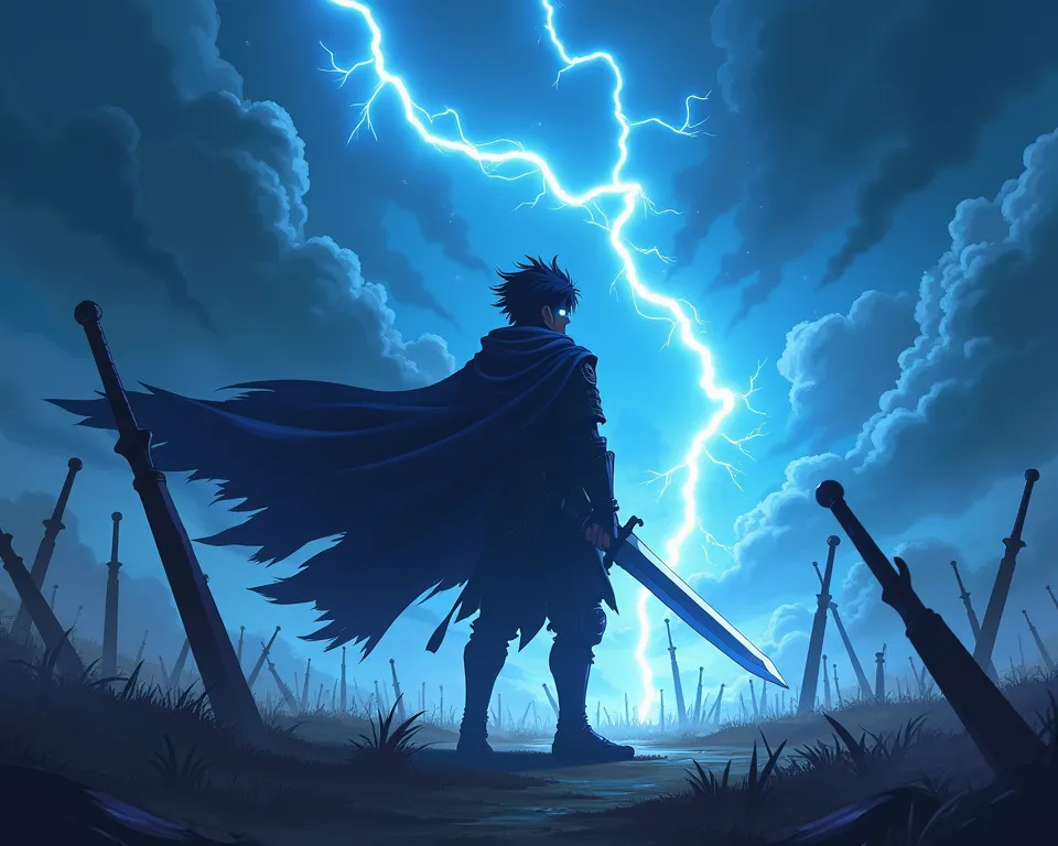 (Masterpiece, high quality, ultra-detailed, cinematic lighting, cel-shaded, anime-style, semi-realistic, dramatic atmosphere, soft glow, smooth shading, crisp linework, 4K resolution)

A mysterious warrior stands in a stormy battlefield, gripping a massive...