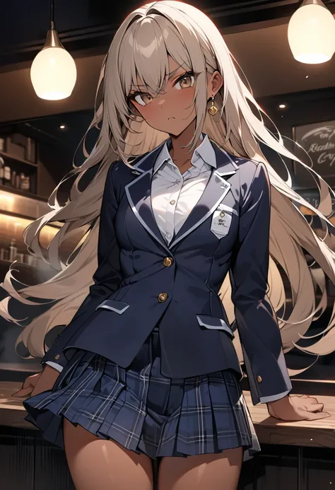 ((Greatest Masterpiece,Ultra High Quality:1.2)),(super resolution),(solo),cowboy shot,Night Cafe,Slender, small-breasted Yankee high school girl, beautiful face, healthy tan skin ,Light brown long hair,Perfect brown eyes, serious expression, high quality d...