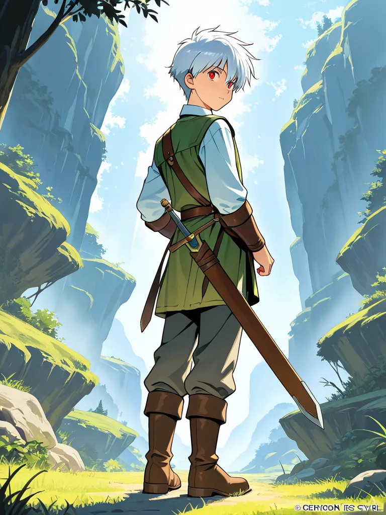 boy white skin with white hair, red eyes, adventurer clothes, with a Sword on his back