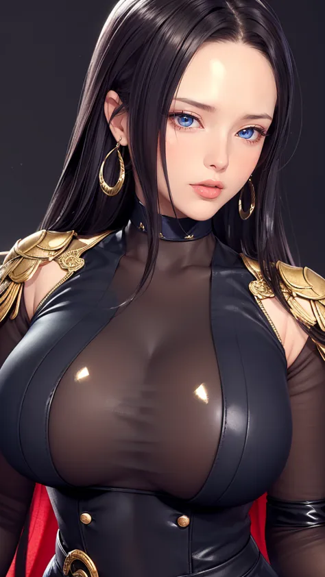 （（（完美figure，figure，Black tight fitting leather clothing, black leather clothing, leather clothing,  Reflective Clothing ， （（（Boa Hancock， long dark hair ,  combed with a chiffon hairstyle ,  slightly wide forehead , smooth and flat ,  deep blue eyes, fine ...