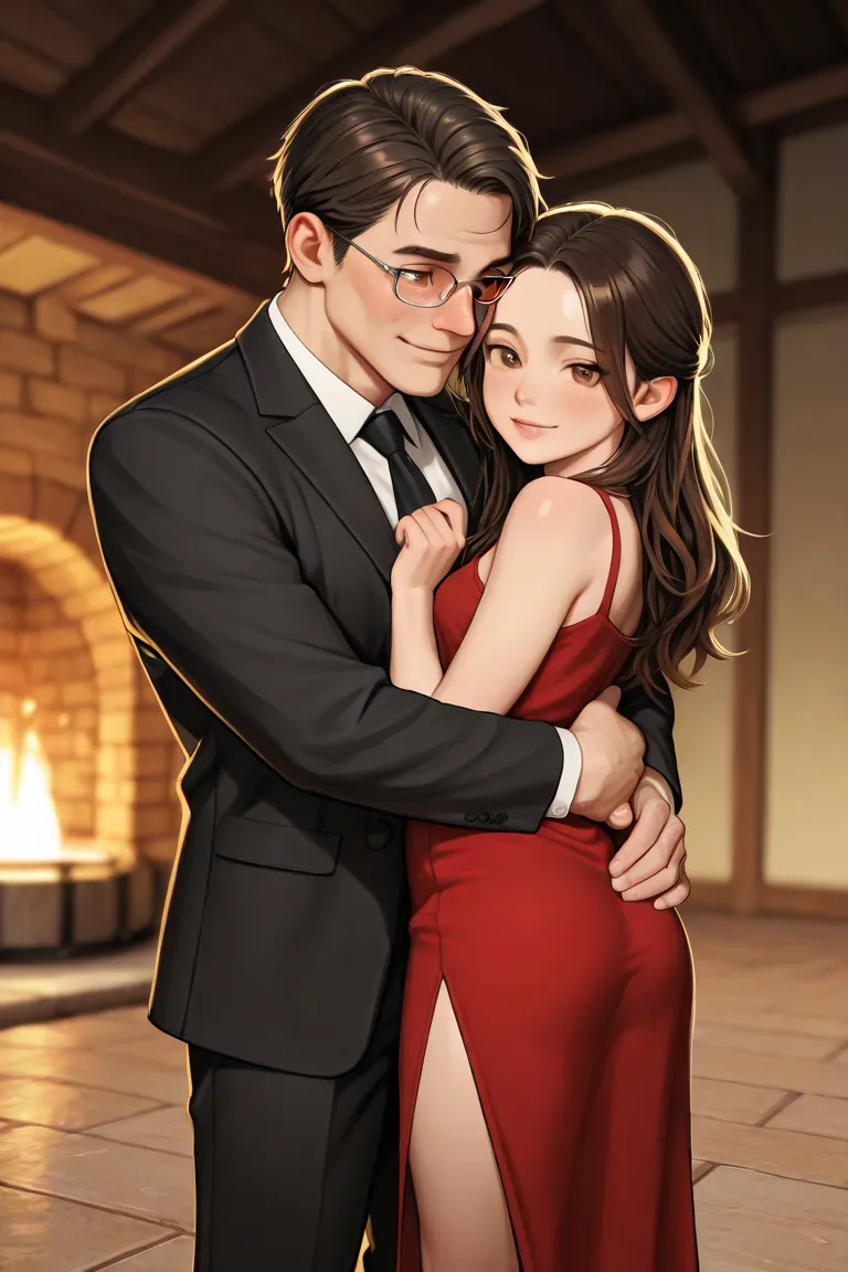 Generate a realistic romantic image of a beautiful woman in a red dress being hugged by a handsome man in a black suit wearing gold rimmed glasses.