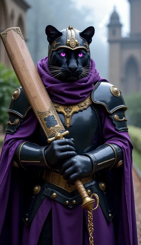 A stealthy black panther, cloaked in dark purple and gold knight armor. The shoulder plates resemble medieval pauldrons, and its deep purple cape flows behind. The panther wears a gold-trimmed helmet with glowing violet eyes, exuding an aura of mystery. It...