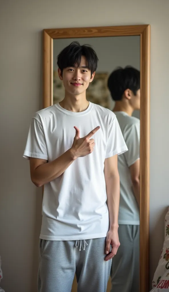 The background is the bedroom at home、In front of a full-length mirror。  
Japanese man in his 30s、black hair short、white t-shirt and gray sweatpants。  
pointing at yourself in the mirror、peace sign while winking。  
the room is a little messy、a satisfied sm...