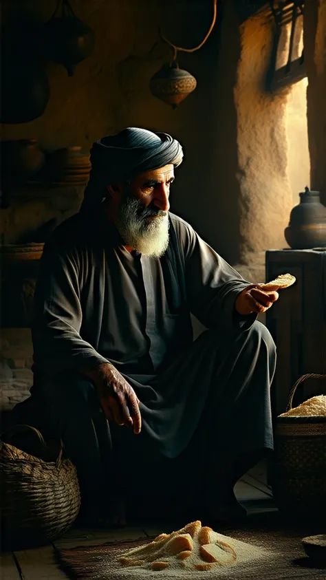 An elderly Arab merchant in a simple robe, sitting alone in a dimly lit room. His hands tremble as he reaches for a piece of dry bread. His face shows deep reflection, sorrow, and humility. The background is a modest home with old wooden furniture, lantern...