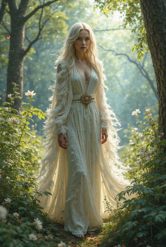 Sorceress albina in the forest, White feather clothing 