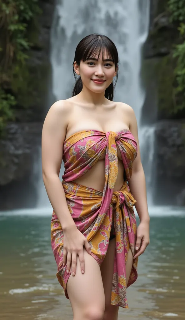 Realistic photo Of A chubby and fat indonesian woman,  visible to the feet , curvaceous body, use wet pink yellow white batik sarong, face facing the camera.  Elegant elegant style elegant aesthetic . sexy butt, big ass and hips, Good Detail . stand sidewa...