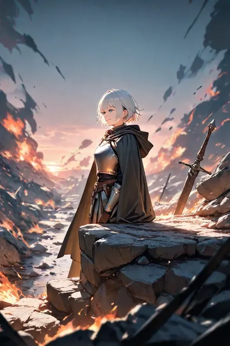  huge _very high resolution, high resolution,  masterpiece, recent, 1 female, white hair, light smile, side view, medieval adventurer outfit, , light armor, cloak, short hair, Burning Battlegrounds,, weapons, Fallen soldiers,  soft_light,  blurry , sunset,...