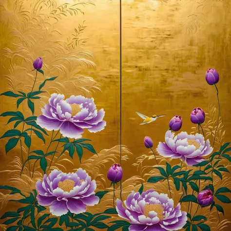 folding screen depicting purple flowers,Japanese painting,Gold mud, watercolor,glitter powder,Shellfish  ,folding screen made with traditional techniques,Gold mudに花の絵,Makie style,The folding screen installed in a temple in Kyoto is very beautiful.、painting...