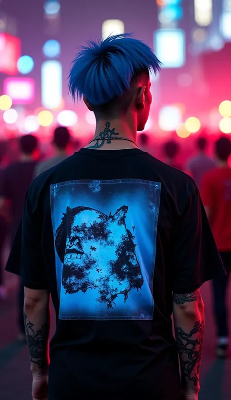 mock up black backlit t-shirt with korean male model, mullet-style hair dyed blue,  wearing jeans, there are tattoos on the back neck and hands, background of many people demonstration. t-shirt clearly visible, minimal shadow