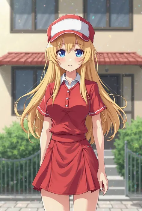 Blue-eyed blonde anime woman in red pizza delivery man dress stands in front of apartment with upset face