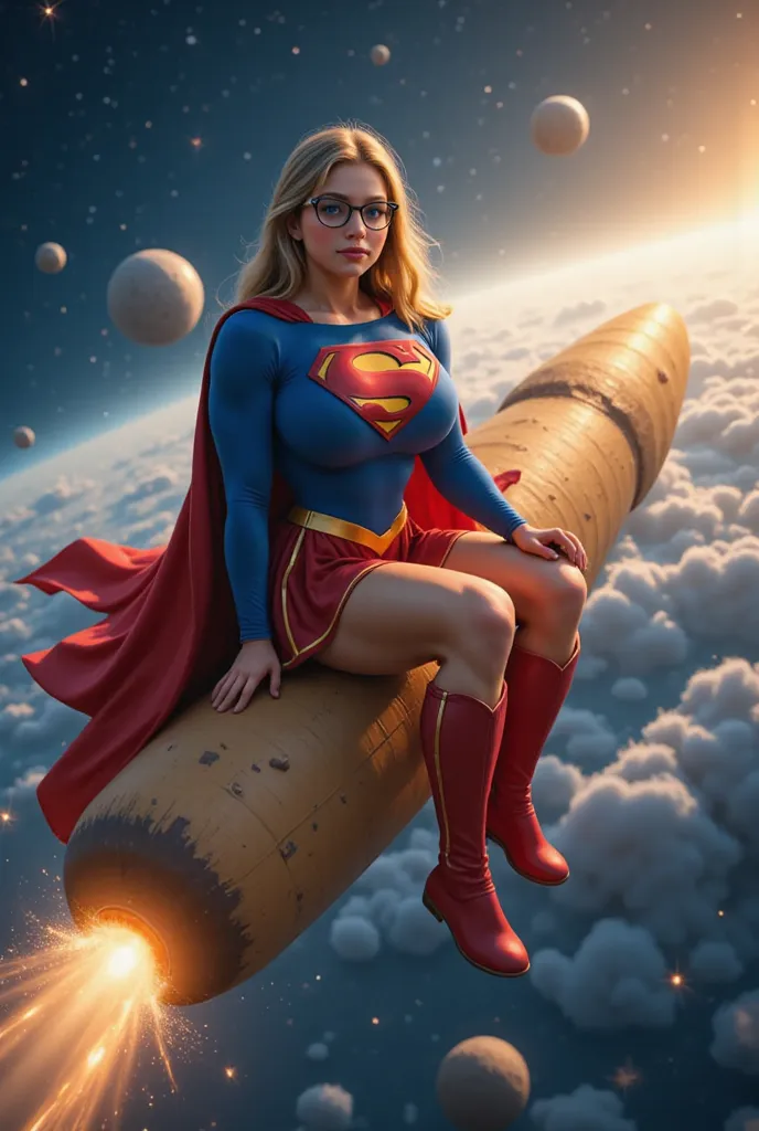 **"A breathtaking, ultra-detailed 8K cinematic illustration of a stunning young blonde Supergirl with piercing blue eyes and stylish glasses, wearing an authentic 1980s Supergirl costume. Her royal blue bodysuit fits perfectly, adorned with the classic rai...