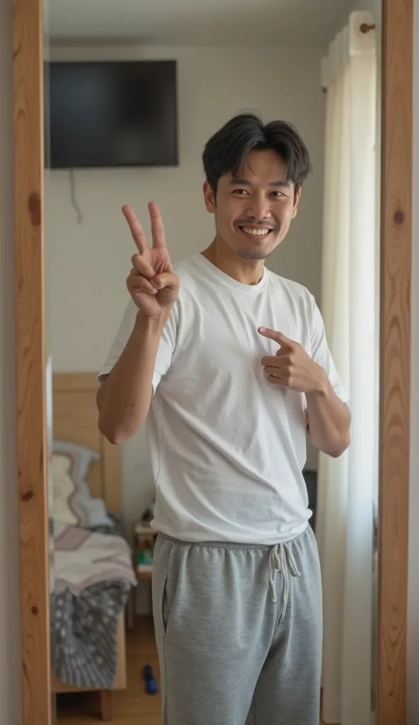 The background is the bedroom at home、In front of a full-length mirror。  
Japanese man in his 30s、black hair short、white t-shirt and gray sweatpants。  
pointing at yourself in the mirror、peace sign while winking。  
the room is a little messy、a satisfied sm...